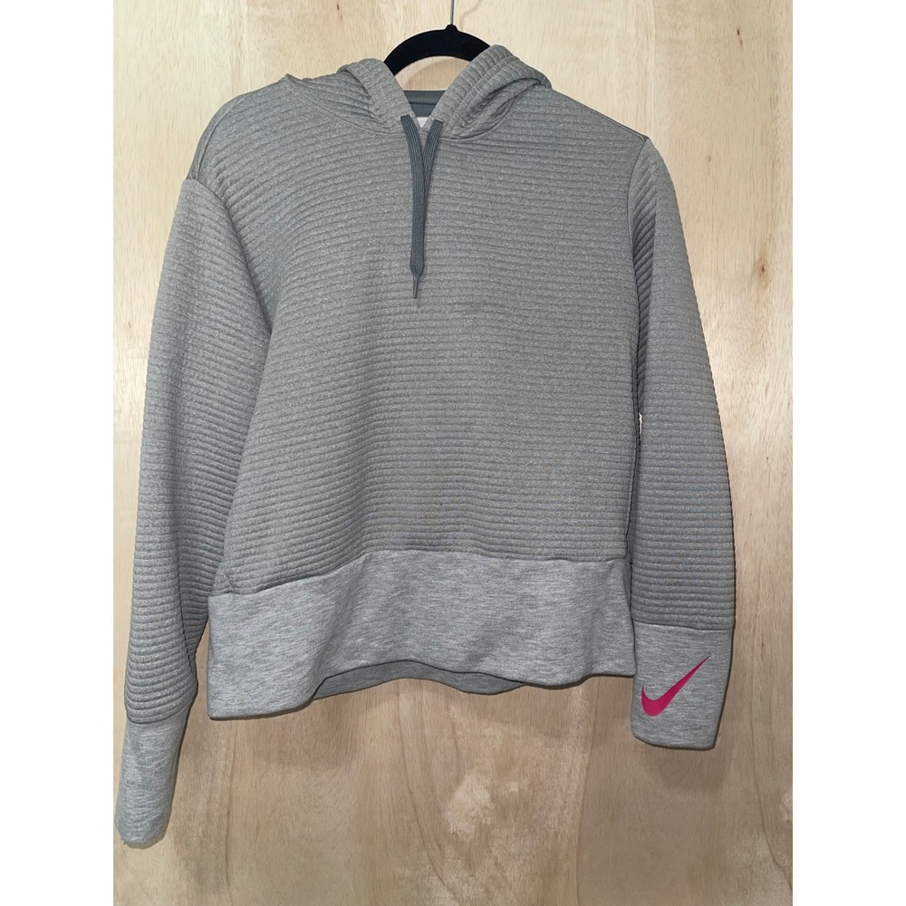 Nike‎ Dri-FIT Women Heather Gray Ribbed Textured Pullover Hoodie Pink Swoosh M